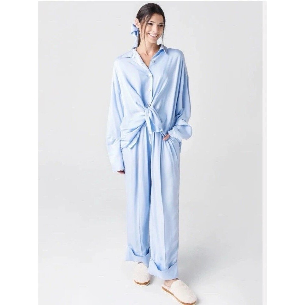 NEW Sleeper Brand Net A Porter One Size Pajama 3pc Set With Hair Tie Light Blue